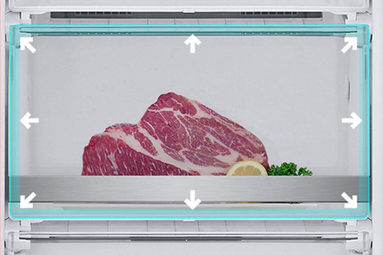 Nærbillede af stor frysezone med store stykker kød.