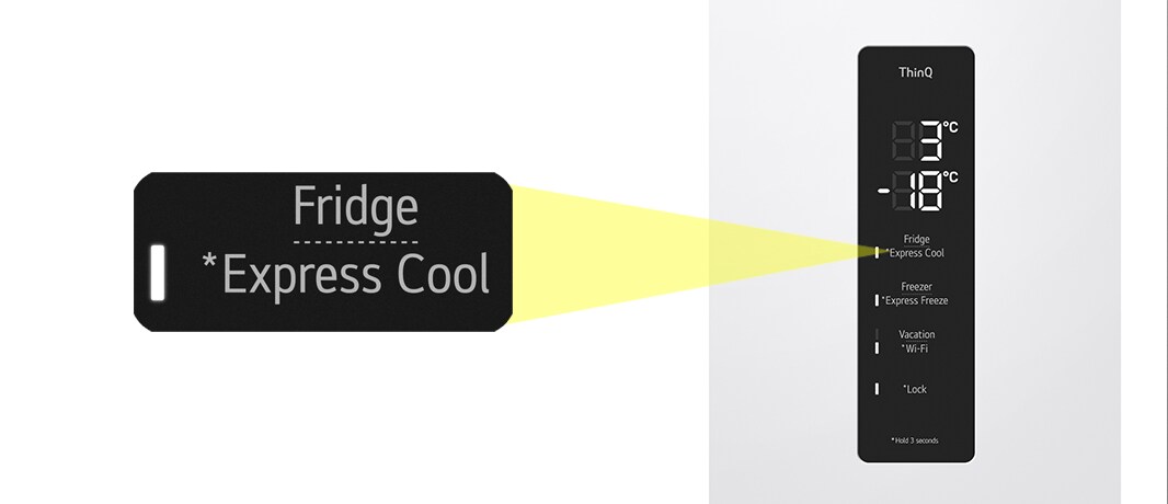 Nærbillede af Express Cool-knappen, der er placeret øverst på køleskabet.