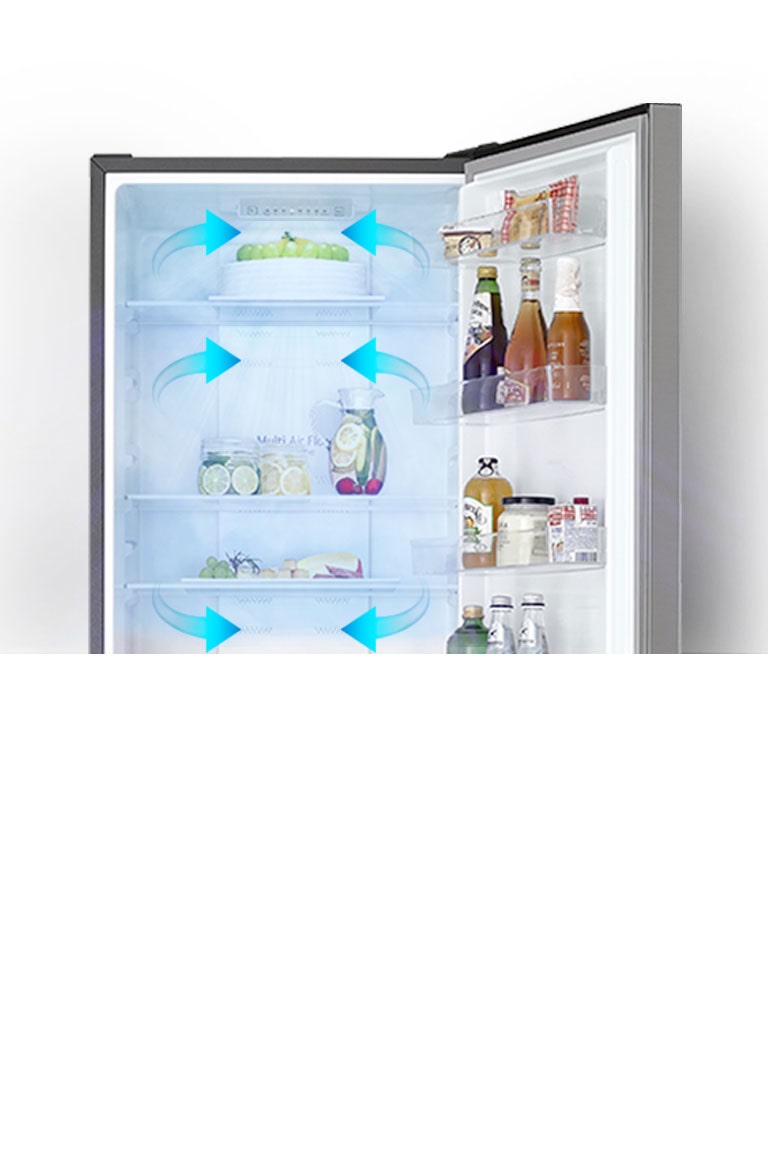 Køleskabet er åbent, og den kolde luft er inden i det