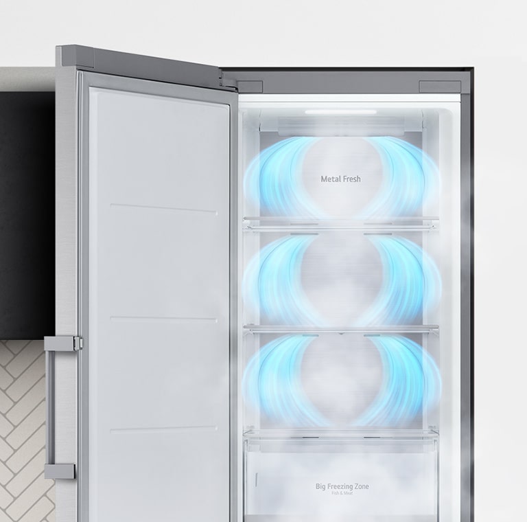 Fryseren vises med døren åben. Blå luft blæser fra toppen af hver sektion for fuldstændigt at omslutte den mad, der ville være indeni.