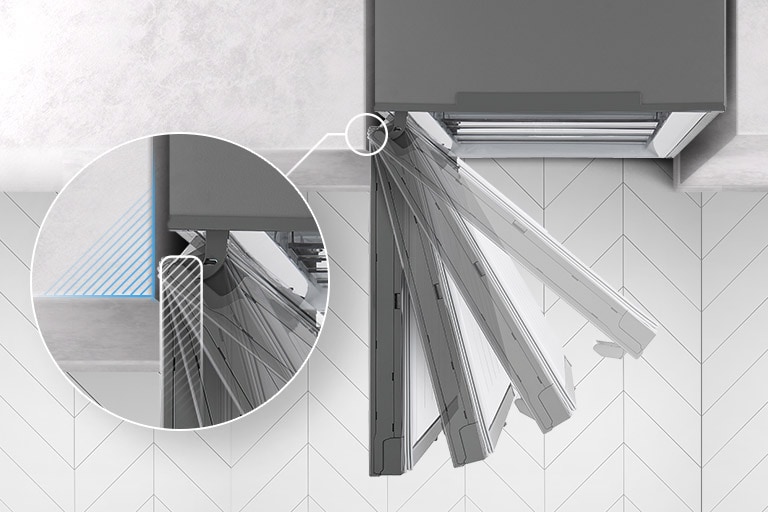 Fryseren vises ovenfra med døren svingende ud og stoppet fire forskellige steder, og et forstørret indsats af hængslerne viser, at hængslet kan flugte med væggen og aldrig røre ved den, når det åbnes.