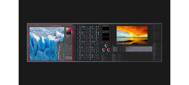 Animationen viser intuitivt 49" 32:9 Dual QHD (5120x1440)-skærmen sammenlignet med 29", 34", 38" og 39,7" skærmene.
