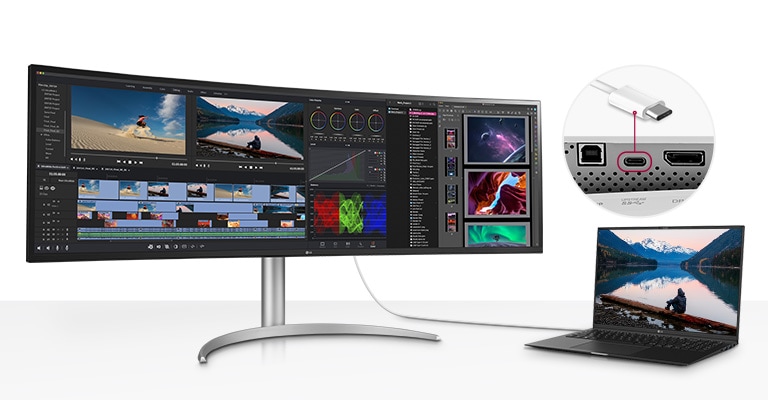 USB Type-C™-porte tillader fra skærm og dataoverførsel til en tilsluttet enhedsopladning, hvilket muliggør understøttelse af din bærbare computer på samme tid via et enkelt kabel.