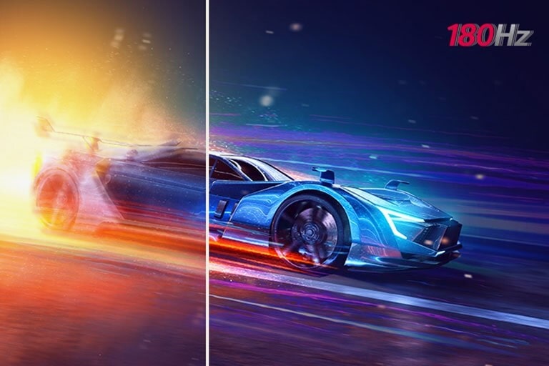 Det er et billede, som sammenligner et hurtigt spil ved lav opdateringshastighed med et klart billede, hvor det vises med en opdateringshastighed på 180Hz.