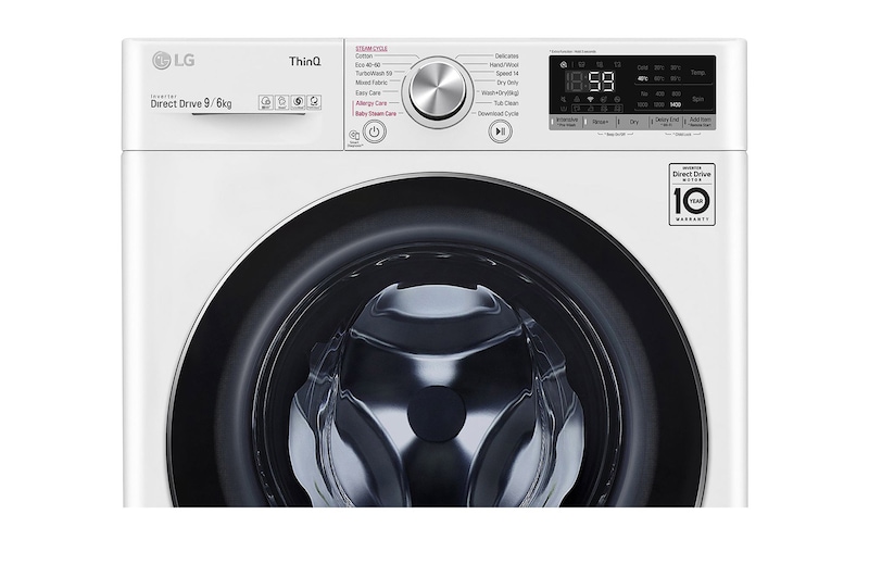 LG 9 kg / 6 kg Kombineret vaskemaskine/tørretumbler(Hvid) - Steam, Energiklasse E, TurboWash™, AI DD™, Smart Diagnosis™ med Wi-Fi, W4DV709H1W
