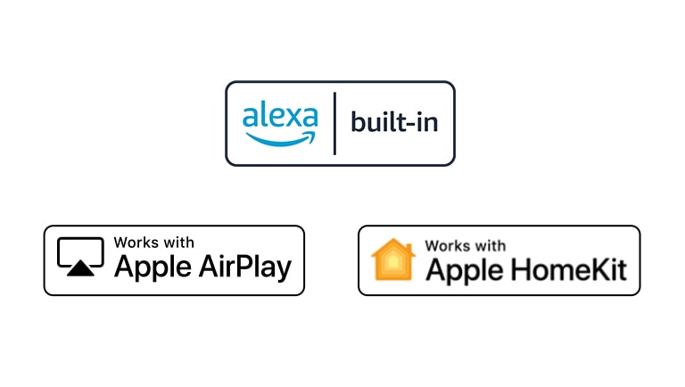 Detaljer, der viser logoer for alexa, Apple Airplay og Apple HomeKit, som ThinQ AI er kompatibel med.