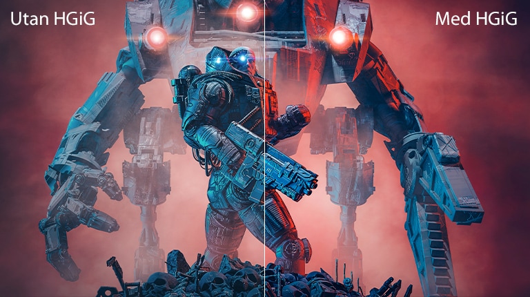 Billede, hvor venstre halvdel er uden HGiG, mens højre halvdel er med HGiG for at vise kontrasten.