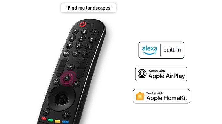 En fjernbetjening med en taleboble, hvor der står "Find me landscapes". Logoer for tilsluttede OTT-tjenester vises.