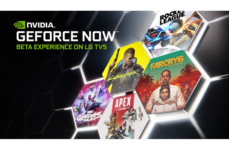 Et billede med GeForce Now-logoet på en mørk baggrund. Forsidebilleder og navne på flere populære spil vises.