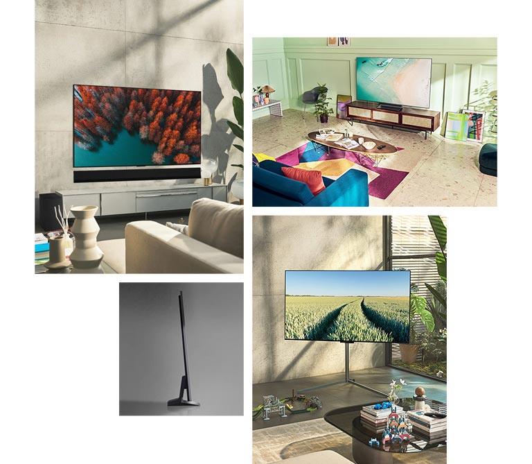 En LG OLED G2 er hængt på væggen i en neutral stue med planter og rustikke ornamenter. En LG OLED G2 sidder på en tv-stativ i et mintgrønt rum med farverig kunst og møbler. En LG OLED G2 med Gallery Stand står i hjørnet af et værelse i et familiehus.  Et sidebillede af den ultrasmalle kant på LG OLED G2.