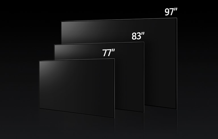 Et billede, som sammenligner LG OLED M-seriens forskellige størrelser og viser 77", 83" og 97".