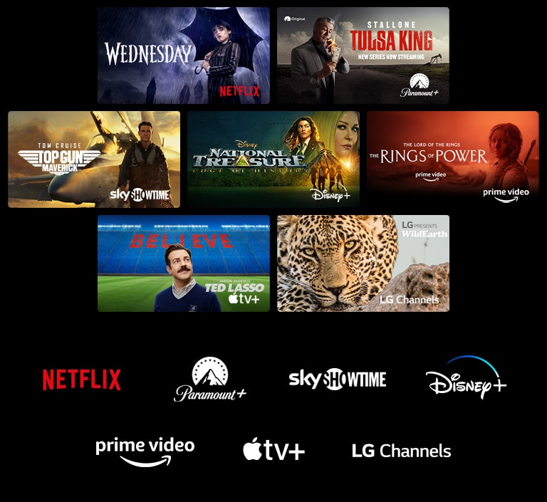 En plakat med Wednesday fra Netflix, Tulsa King fra Paramount+, Top Gun: Maverick fra SkyShowtime, National Treasure fra Disney+, The Rings of Power fra Prime Video, Ted Lasso fra Apple TV Plus og et stillbillede fra LG’s kanaler med en leopard i naturen.