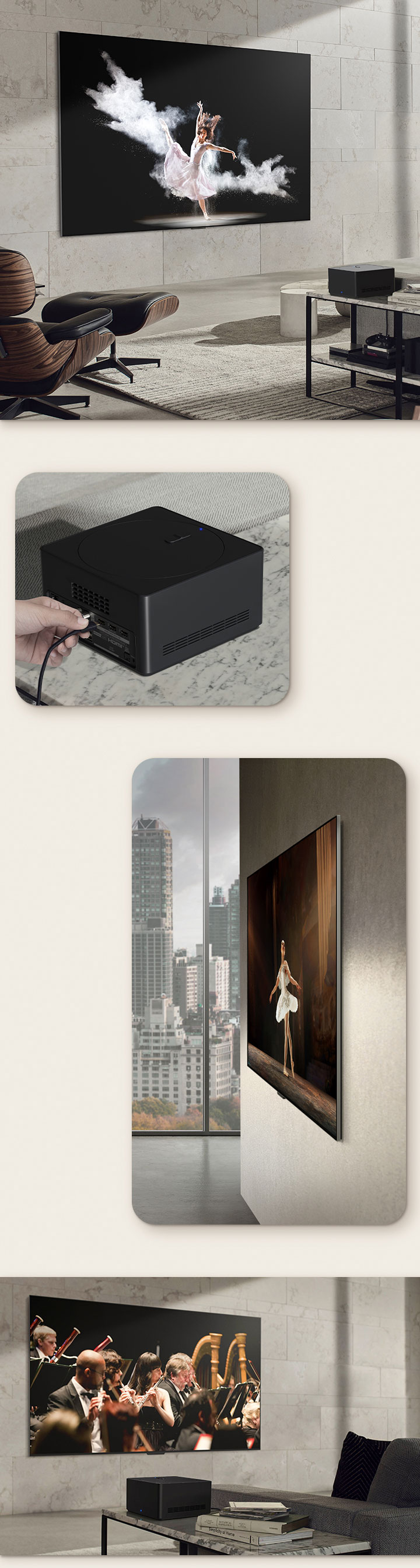 Et billede af LG OLED M3 på væggen i et hyggeligt rum med en hund og en person, der nyder den strømlinede visning. Nærbillede af en person, der tilslutter et kabel til Zero Connect Box. Et billede fra siden af LG OLED M3’s utroligt tynde mål. Billedet viser et billede, hvor Zero Connect viser M3 på væggen i et gråt rum med Zero Connect Box, som trådløst overfører billedet.