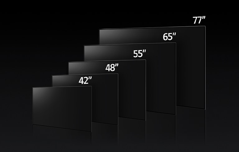 Et billede, der sammenligner LG OLED C3's forskellige størrelser, der viser 42", 48", 55", 65" og 77".