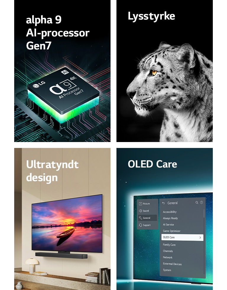 "LG’s alpha 9 AI-processor Gen7 oven på et bundkort, der udsender grønne lysbolte.  Brightness Booster med et billede af en hvid leopard på siden.  Ultratynde og klar til LG Soundbar, når de placeres fladt mod væggen i en moderne stue.  OLED TV med OLED Care-menuen vælges i supportmenuen øverst på skærmen."