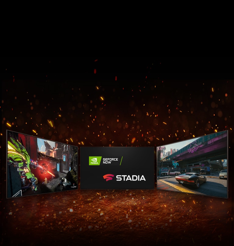 Der vises tre tv'er. I midten viser skærmen to logoer placeret i diagonal – logoet for NVIDIA GeFORCE NOW og logoet for STADIA. Til venstre vises tv-serien Splitgate, og til højre vises tv-serien Cyberpunk 2077.