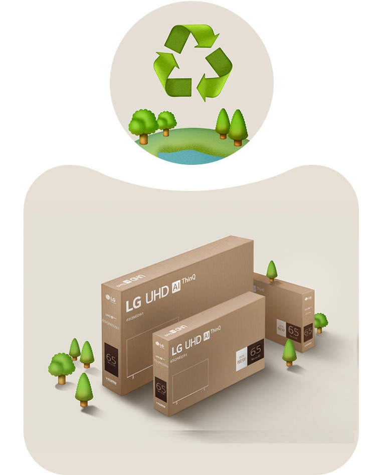 LG QNED-emballage på en beige baggrund med illustrerede træer.
