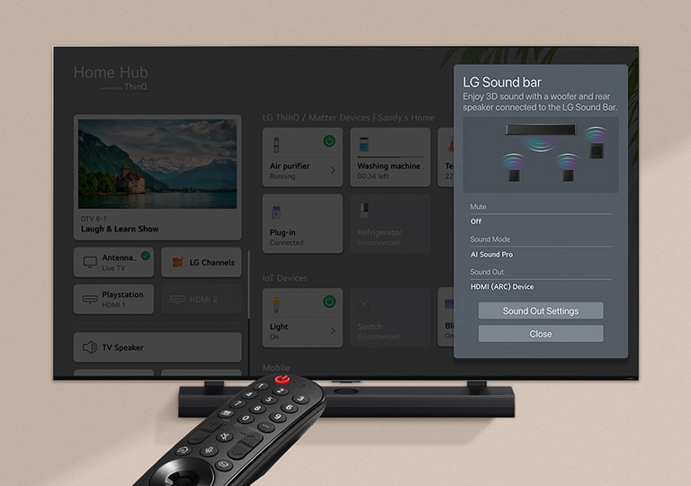 A remote control pointed at an LG TV showing settings on the right side of the screen.