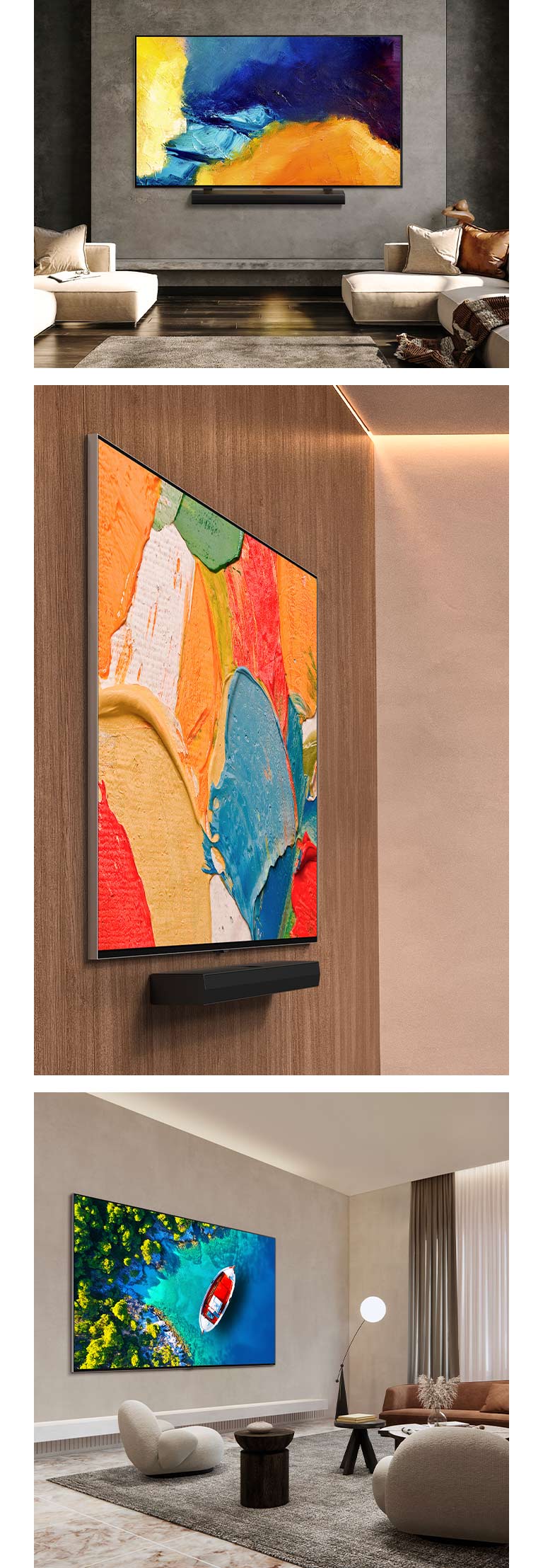 LG TV monteret fladt mod trævæggen med tilhørende soundbar. LG TV monteret med soundbar mod den grå væg i en møbleret stue med trægulv og farverige kunstværker på skærmen. Et vinklet perspektiv af en stue med marmoreret gulv og LG TV monteret mod den beige væg, der viser et tropisk hav og en båd på det.