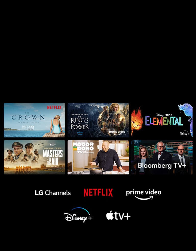 Seks miniaturebilleder af film og TV-shows vises sammen med logoer for LG Channels, Netflix, Prime Video, Disney+ og Apple TV+ nedenunder.