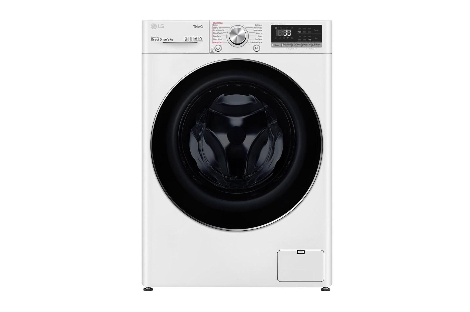 Visning forfra af 9 kg Vaskemaskin(Hvid) - Steam, Energiklasse A, TurboWash360™, AI DD™, Smart Diagnosis™ med Wi-Fi FV90VNS2QE