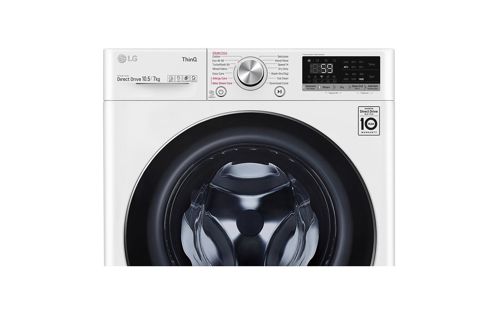 LG 10.5 kg / 7 kg Kombineret vaskemaskine/tørretumbler(Hvid) - Steam, Energiklasse E, TurboWash™, AI DD™, Smart Diagnosis™ med Wi-Fi, K4DV710H2W