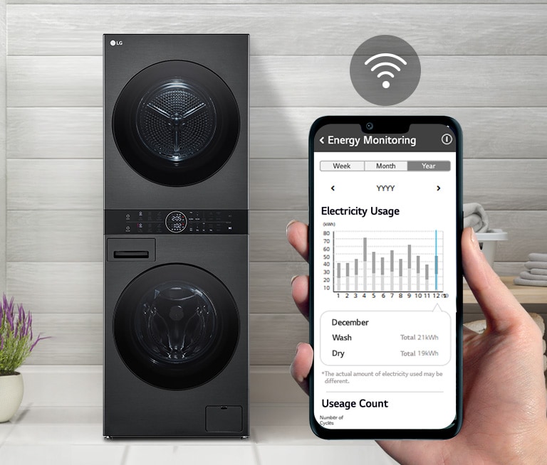 A washer sits in a laundry room. A hand holding a phone shows the screen to the camera and the screen displays the maintenance information and energy usage with a WiFi symbol above the screen.