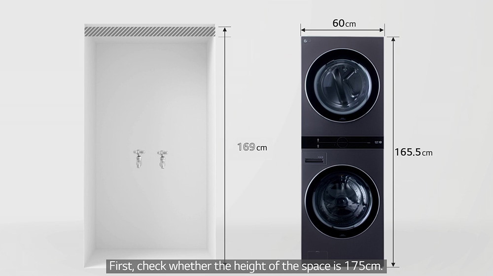 It explains how much space is needed when installing the wash tower. We need 10cm for the back and 2.5cm for the left and right.