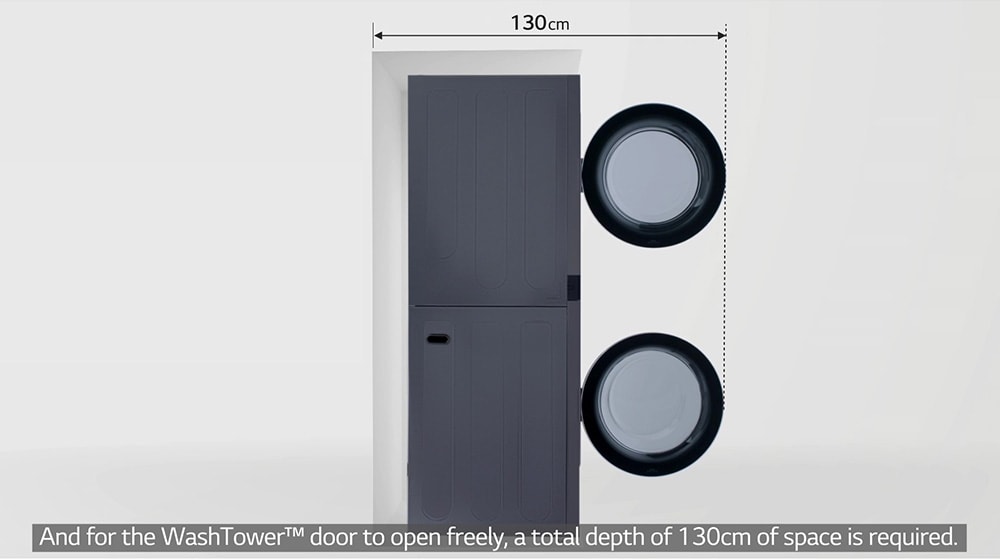 It explains how much space is needed when installing the wash tower. We need 10cm for the back and 2.5cm for the left and right.