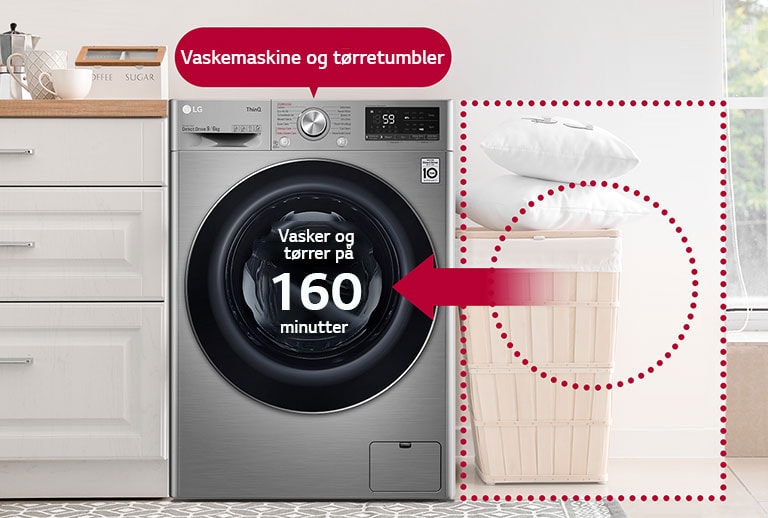 Dette er et billede af en kombineret vaske/tør maskine, der sparer plads i huset og vasketid.