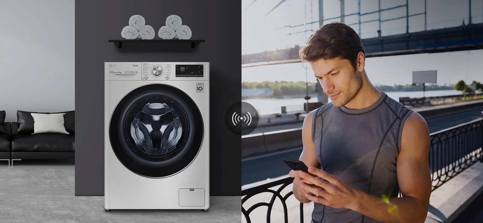 En mand uden for kontrollerer vaskemaskinens status derhjemme via en mobilapp.
