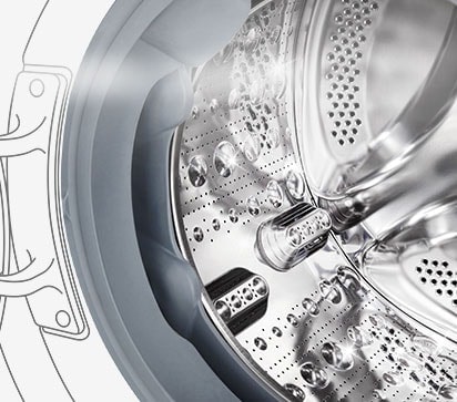 Vaskemaskinen med den hærdede glasluge ses tydeligt.