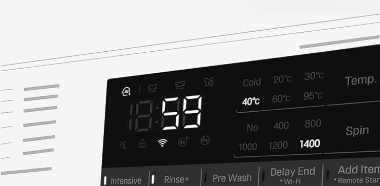 Dette er et forstørret billede af vaskemaskinens panel, så man tydeligt kan se displayet.