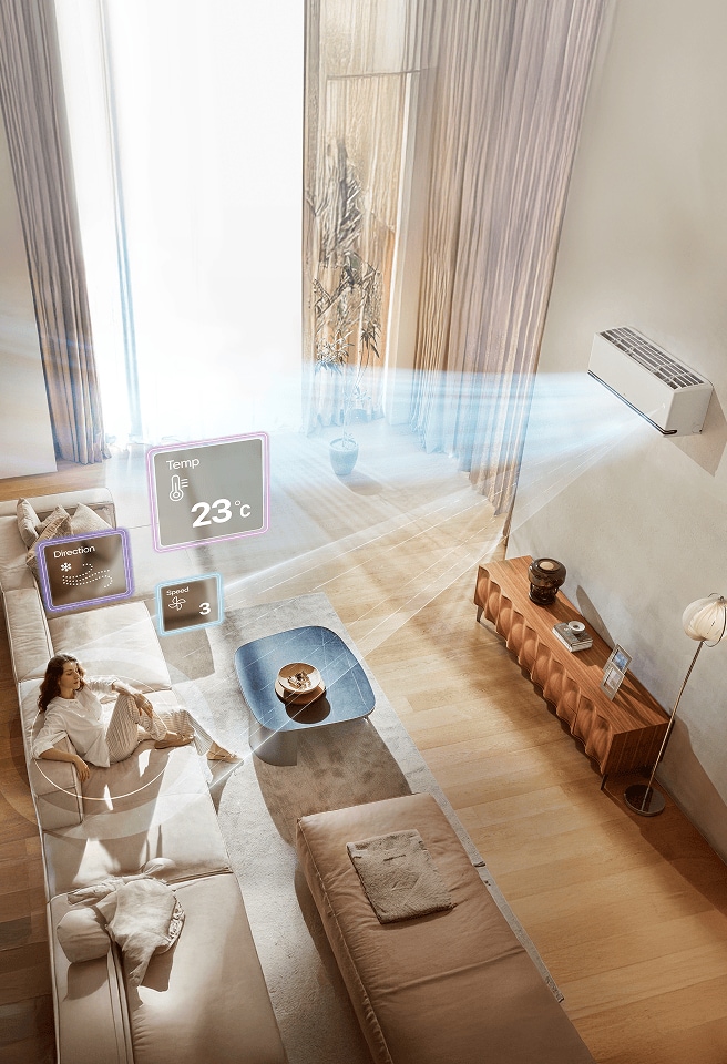 LG DUAL Inverter klimaanlægget køler en moderne stue, hvor en kvinde sidder i sofaen, drevet af ThinQ AI-teknologi.