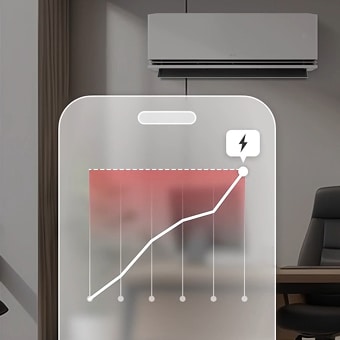 Smartphone-interface viser energiforbruggraf foran LG-klimaanlæg, med fremhævet AI kW Manager til effektiv overvågning af strømforbrug.