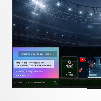 LG OLED TV-skærm, der viser hvordan AI Search fungerer. Et lille chatvindue er åbent og viser, hvordan brugeren har spurgt efter hvilke sportsbegivenheder der er tilgængelige. AI Search svarede via chat og ved at vise miniaturebilleder af forskelligt tilgængeligt indhold. Der er også en prompt til at spørge Microsoft Copilot.