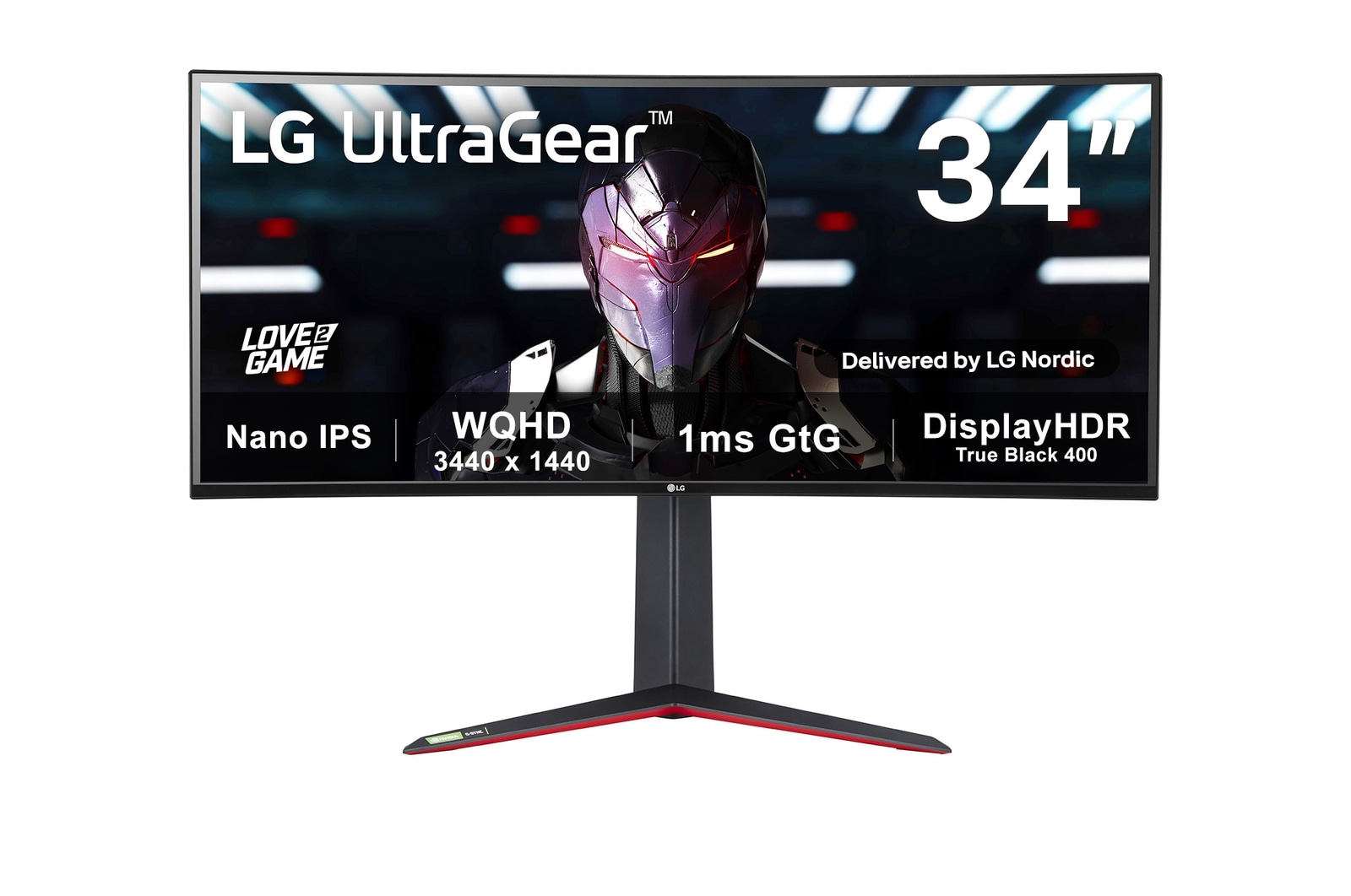 Visning forfra af 34" 21:9 UltraGear™ Nano IPS 1ms (GtG) Curved Gaming Monitor 34GN850P-B