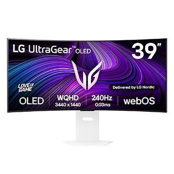 Visning forfra af LG UltraGear™ 39” OLED 240 Hz WQHD kurvet intelligent spilskærm | webOS, 0,03 ms (GtG), 240 Hz, DisplayHDR True Black 400 39GX90SA-W