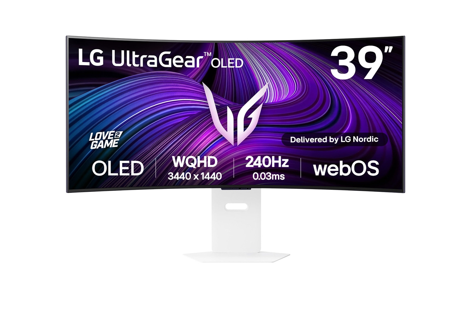 Visning forfra af LG UltraGear™ 39” OLED 240 Hz WQHD kurvet intelligent spilskærm | webOS, 0,03 ms (GtG), 240 Hz, DisplayHDR True Black 400 39GX90SA-W