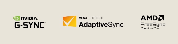 Logoer for NVIDIA G-SYNC, VESA AdaptiveSync og AMD FreeSync Premium Pro.