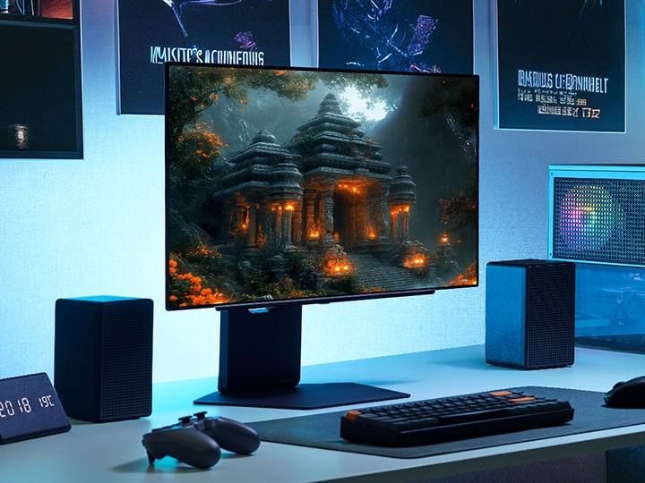 UltraGear™ 27gx700a-gamingkærmen set for- og bagfra med visning af en futuristisk racerscene.