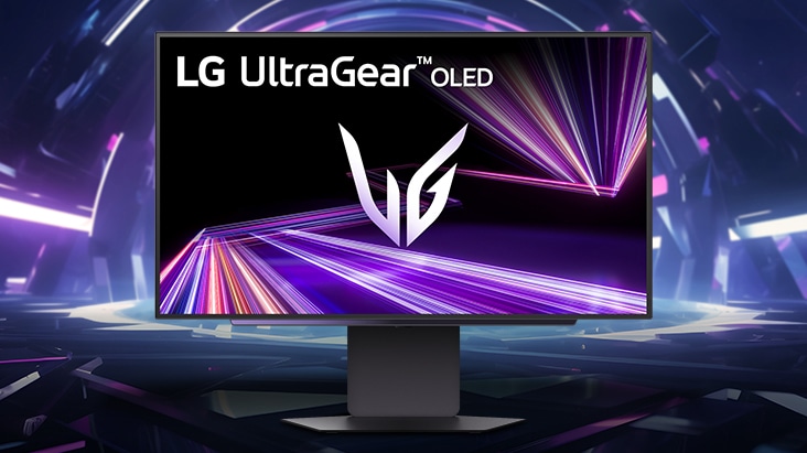 LG UltraGear–grænseflade på skærmen, som viser gaming-indstilligerne. Brugergrænsefladen viser en opdateringshastighed på 280 Hz, Adaptive-Sync aktiveret, HDR slået fra og DAS-tilstand slået til. “Spiljustering”-menuen er åben med valg, som omfatter Gamer-tilstand, dobbelt tilstand (med forskellige billedformater at vælge imellem), Adaptive-Sync, Black Stabilizer, Crosshair og FPS-tæller. Grænsefladen har et futuristisk lilla og rødt baggrundsdesign.
