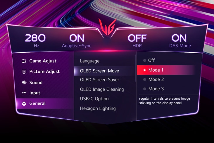 Billede af GUI-indstillingen OLED-skærmflytning.