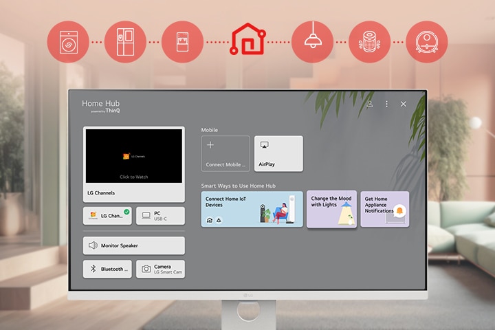 LG Smart Monitor-skærmen viser ThinQ Home Dashboard-grænsefladen.