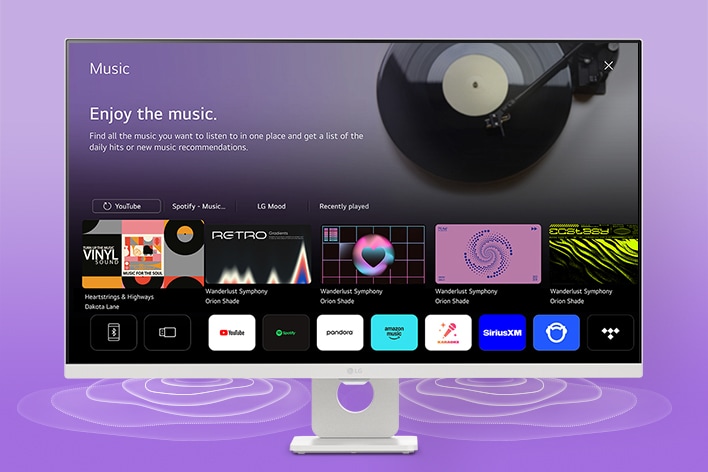 LG Smart Monitor-skærmen viser grænsefladen med musikapps.