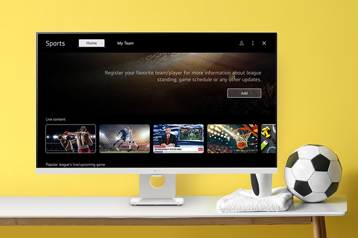 LG Smart Monitor-skærmen viser kanaler med live-sport.