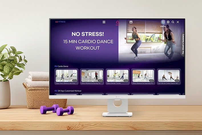 LG Smart Monitor-skærmen viser diverse LG Fitness-videoer.