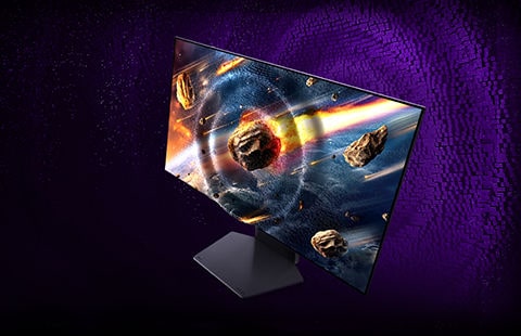 Ultra Gear-monitoren er vippet i en vinkel, og den viser et billede af Mars, der falder, med pixel-bølgelængder, som ses i baggrunden.