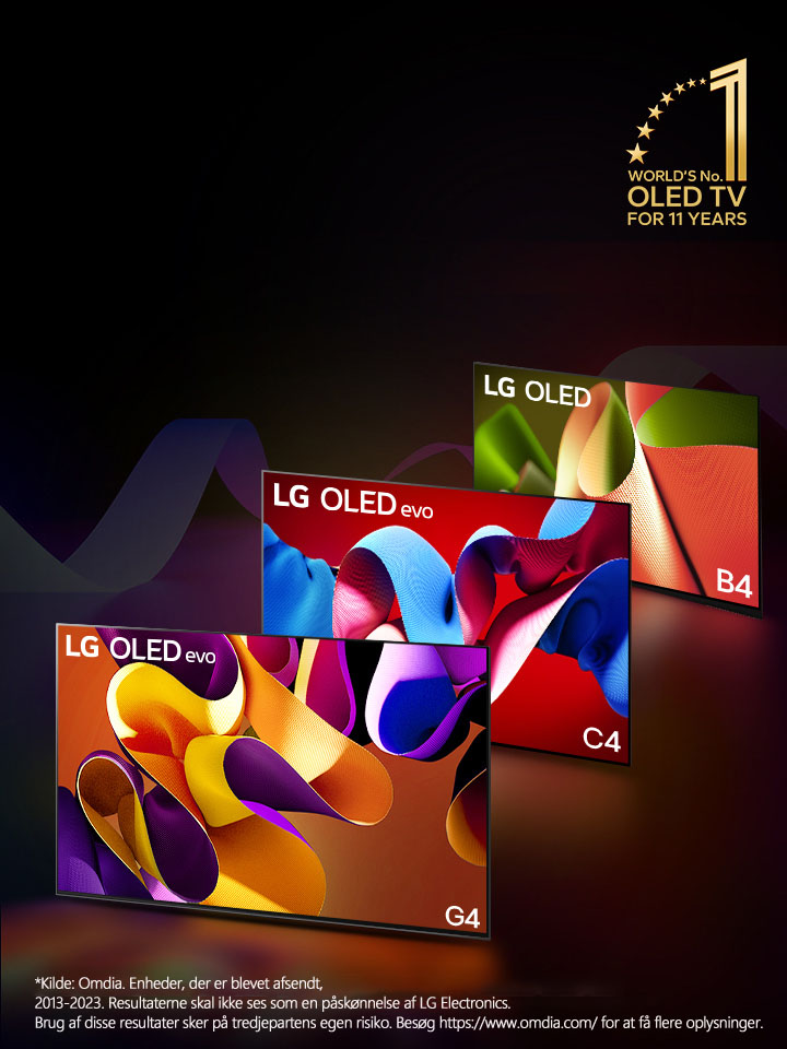 Et billede af LG OLED evo C4, evo G4 og B4 på linje på en sort baggrund med subtile farvehvirvler. Emblemet “Verdens førende OLED TV i 11 år” ses på billedet. En ansvarsfraskrivelse fremsætter: “Kilde: Omdia. Enheder, der er blevet afsendt, 2013-2023. Resultaterne skal ikke ses som en påskønnelse af LG Electronics. Brug af disse resultater sker på tredjepartens egen risiko. Besøg https://www.omdia.com/ for at få flere oplysninger.”