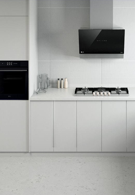 This is an image of the kitchen interior with LG built-in oven, hood, and gas hob installed.